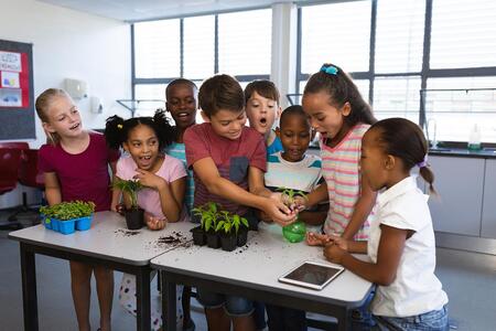 a group of children stand at a table full of potted plants in a classroom
